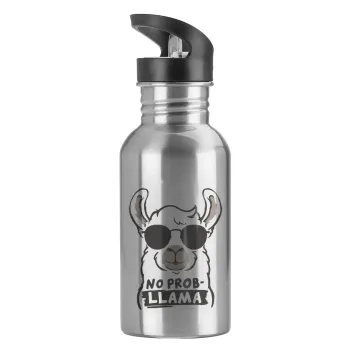 No Prob Llama, Water bottle Silver with straw, stainless steel 600ml