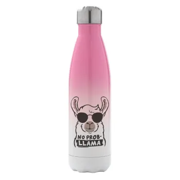 No Prob Llama, Metal mug thermos Pink/White (Stainless steel), double wall, 500ml