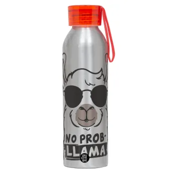 No Prob Llama, Αλουμινένιο Αθλητικό Μπουκάλι 650ml – Ασημί με Κόκκινο Καπάκι και Λουράκι Σιλικόνης