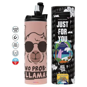 No Prob Llama, Tumbler ποτήρι θερμό ΡΟΖ από ανοξείδωτο ατσάλι 600ml
