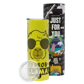 No Prob Llama, Neon Yellow Travel Tumbler θερμό, μεταλλικό καλαμάκι(Ανωξείδωτο 304 Food grade, BPA free, 600ml)