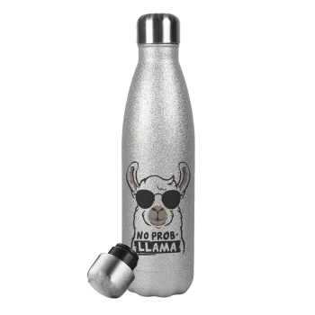 No Prob Llama, Metallic Glitter Silver Thermos Flask (Stainless steel), double-walled, 500ml