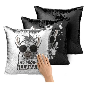 No Prob Llama, Μαξιλάρι καναπέ Μαγικό Μαύρο με πούλιες 40x40cm περιέχεται το γέμισμα