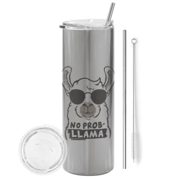 No Prob Llama, Tumbler ποτήρι θερμό Ασημένιο από ανοξείδωτο ατσάλι 600ml, με μεταλλικό καλαμάκι & βούρτσα καθαρισμού