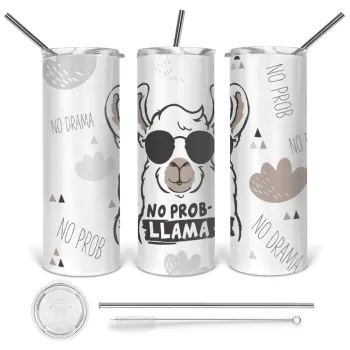 No Prob Llama, Tumbler ποτήρι θερμό από ανοξείδωτο ατσάλι 600ml, με μεταλλικό καλαμάκι & βούρτσα καθαρισμού