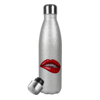 Lips, Μεταλλικό παγούρι θερμός Glitter Aσημένιο (Stainless steel), διπλού τοιχώματος, 500ml