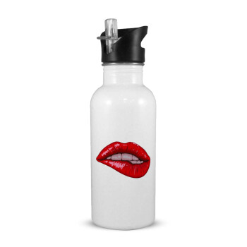 Lips, White water bottle with straw, stainless steel 600ml