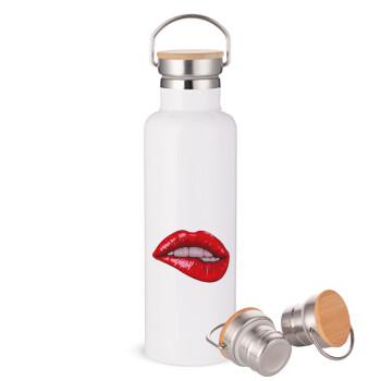 Lips, Stainless steel White with wooden lid (bamboo), double wall, 750ml