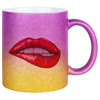 Lips, Κούπα Χρυσή/Ροζ Glitter, κεραμική, 330ml