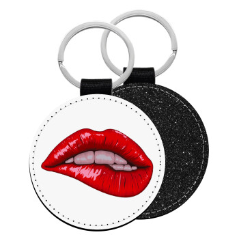 Lips, Μπρελόκ Δερματίνη, στρογγυλό ΜΑΥΡΟ (5cm)