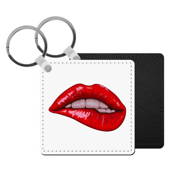 Lips, Μπρελόκ Δερματίνη, τετράγωνο ΜΑΥΡΟ (5x5cm)