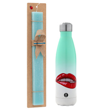 Lips, Easter Set, Metallic green/white thermos (Stainless steel), double-walled, 500ml & scented flat Easter candle (30cm) (TURQUOISE)
