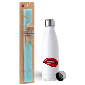 Lips, Easter Set, metallic stainless steel water bottle (750ml) & aromatic flat Easter candle (30cm) (TURQUOISE)