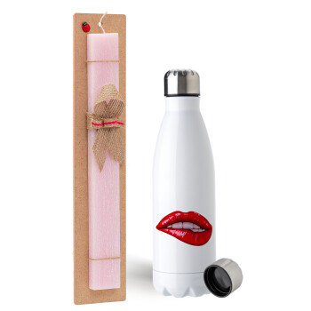 Lips, Easter Set, metallic stainless steel water bottle (750ml) & scented flat Easter candle (30cm) (PINK)