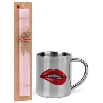 Lips, Easter Set, metallic thermal cup (300ml) & aromatic flat Easter candle (30cm) (PINK)
