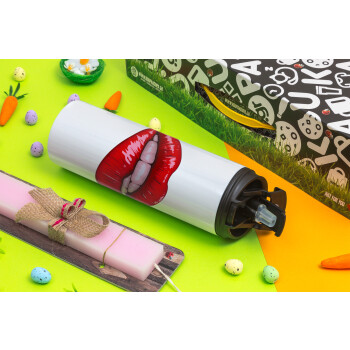 Lips, Easter candle,Travel Tumbler 2 Lids, with metal straw & cleaning brush & aromatic flat candle (30cm) (PINK)