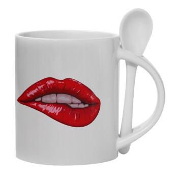 Lips, Ceramic coffee mug with Spoon, 330ml (1pcs)