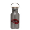 Stainless steel metallic thermos flask, silver with a bamboo lid, double-walled, 350ml.