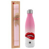 Easter Set, Metallic pink/white (Stainless steel) thermos, double-walled, 500ml & aromatic flat Easter candle (30cm) (PINK)