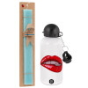 Easter Set, metallic aluminum water bottle (500ml) & scented flat candle (30cm) (TURQUOISE)