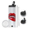 Travel Tumbler 2 Lids, with metal straw & cleaning brush (Stainless steel 304 Food grade, BPA free, 600ml)