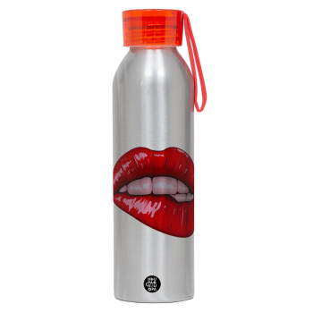 Lips, Αλουμινένιο Αθλητικό Μπουκάλι 650ml – Ασημί με Κόκκινο Καπάκι και Λουράκι Σιλικόνης