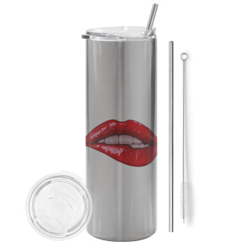 Lips, Eco friendly ποτήρι θερμό Ασημένιο (tumbler) από ανοξείδωτο ατσάλι 600ml, με μεταλλικό καλαμάκι & βούρτσα καθαρισμού