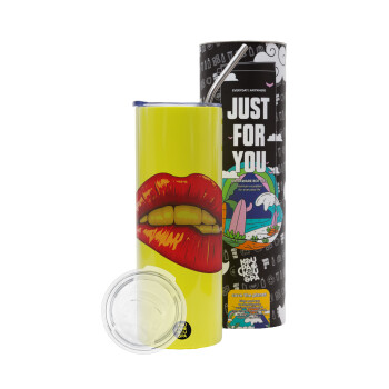 Lips, Neon Yellow Travel Tumbler, with metal straw (Stainless steel 304 Food grade, BPA free, 600ml)