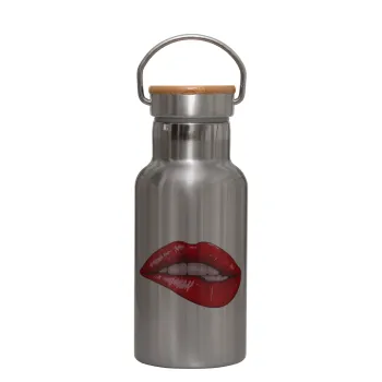 Lips, Stainless steel metallic thermos flask, silver with a bamboo lid, double-walled, 350ml.