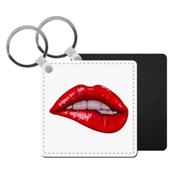 Lips, Μπρελόκ Δερματίνη, τετράγωνο ΜΑΥΡΟ (5x5cm)