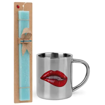 Lips, Easter Set, metallic thermal cup (300ml) & aromatic flat Easter candle (30cm) (TURQUOISE)