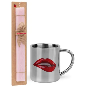 Lips, Easter Set, metallic thermal cup (300ml) & aromatic flat Easter candle (30cm) (PINK)