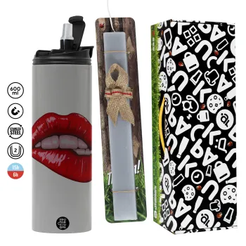 Lips, Πασχαλινή Λαμπάδα με Travel Tumbler θερμό (600ml, BPA free) & κερί αρωματικό πλακέ (30cm) (ΓΚΡΙ)