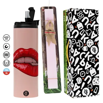 Lips, Πασχαλινή Λαμπάδα με  ΡΟΖ Travel Tumbler θερμό (600ml, BPA free) & κερί αρωματικό πλακέ (30cm) (ΡΟΖ)