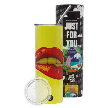 Lips, Neon Yellow Travel Tumbler θερμό, μεταλλικό καλαμάκι(Ανωξείδωτο 304 Food grade, BPA free, 600ml)