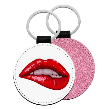 Lips, Μπρελόκ Δερματίνη, στρογγυλό ΡΟΖ (5cm)