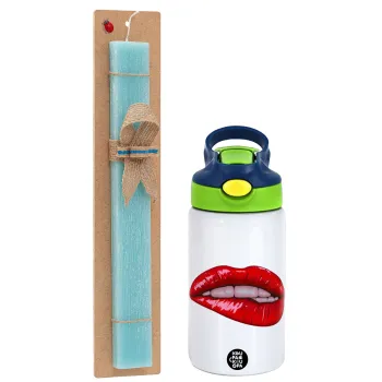 Lips, Easter Set, Children's thermal stainless steel bottle with safety straw, green/blue (350ml) & aromatic flat Easter candle (30cm) (TURQUOISE)