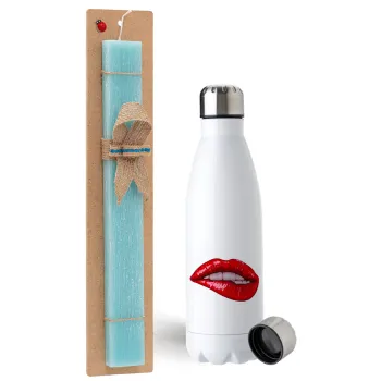 Lips, Easter Set, metallic stainless steel water bottle (750ml) & aromatic flat Easter candle (30cm) (TURQUOISE)