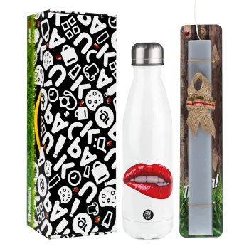 Lips, Easter candle, metallic white thermos bottle (500ml) & aromatic flat candle (30cm) (GRAY)