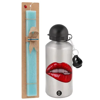 Lips, Easter Set, metallic silver aluminum water bottle (500ml) & scented flat Easter candle (30cm) (TURQUOISE)