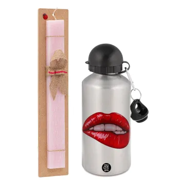Lips, Easter Set, metallic Silver aluminum water bottle (500ml) & scented flat Easter candle (30cm) (PINK)