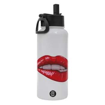 Lips, Μεταλλικό παγούρι θερμός Λευκό με καλαμάκι και χερούλι (Stainless steel), διπλού τοιχώματος, 950ml