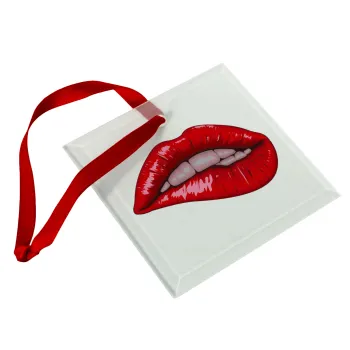 Lips, Christmas ornament, glass square ornament 9x9cm