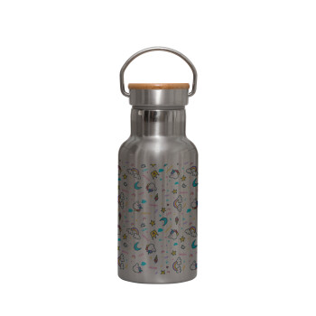 Unicorn pattern white, Stainless steel metallic thermos flask, silver with a bamboo lid, double-walled, 350ml.