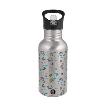 Unicorn pattern white, Water bottle Silver with straw, stainless steel 500ml