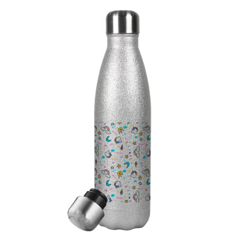 Unicorn pattern white, Μεταλλικό παγούρι θερμός Glitter Aσημένιο (Stainless steel), διπλού τοιχώματος, 500ml