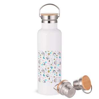 Unicorn pattern white, Stainless steel White with wooden lid (bamboo), double wall, 750ml