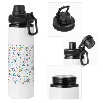 Unicorn pattern white, Metal water bottle with safety cap, aluminum 850ml