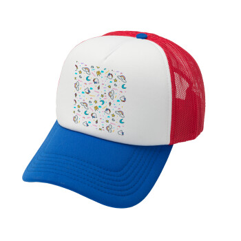 Unicorn pattern white, Καπέλο Ενηλίκων Soft Trucker με Δίχτυ Red/Blue/White (POLYESTER, ΕΝΗΛΙΚΩΝ, UNISEX, ONE SIZE)