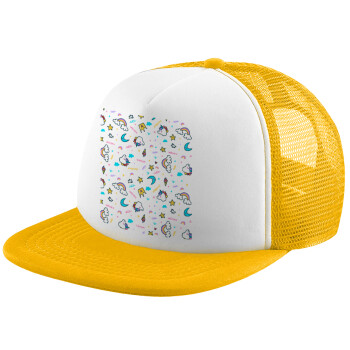 Unicorn pattern white, Καπέλο Soft Trucker με Δίχτυ Κίτρινο/White 
